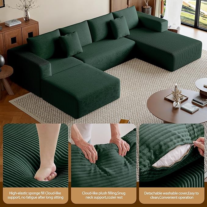 134.6'' U-Shaped Modular Sectional SofaModern Comfortable Corduroy Cloud CouchConvertible Boneless Couches for Living Room with OttomanNo Assembly(Green)