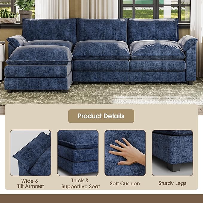 JUMMICO 119” Sectional Sofa Modern Deep Couch with Reversible Ottoman L-Shaped Chenille Fabric Modular Sofa Sleeper Comfy for Living Room/Bedroom/Apartment (Blue L Shaped Sofa)