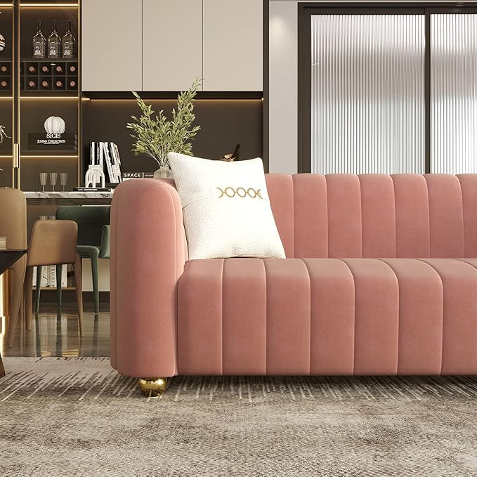 83'' Velvet Sofa for Living Room Modern Comfy Couch 3-Seater Apartment Sofa with 2 Pillows &amp Golden Metal Legs
