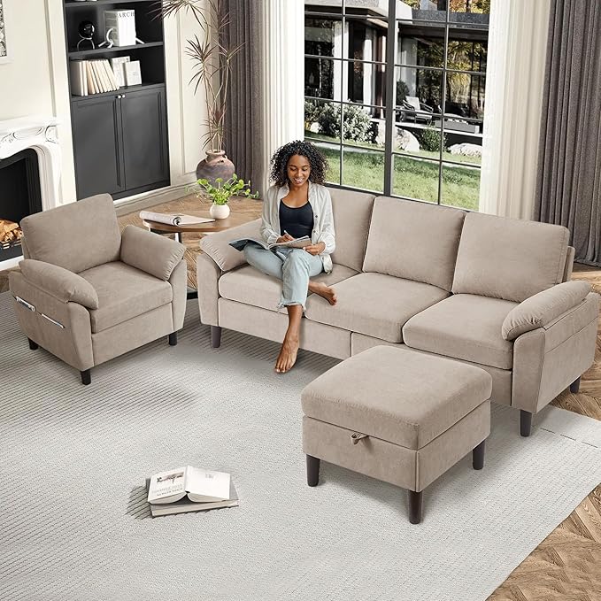 3 Piece Convertible Sectional Sofa Set Modern Linen Small L Shaped Couch with Reversible Ottoman and Accent Chair 3-Seat Sofa Couches for Living Room Office Apartment Beige