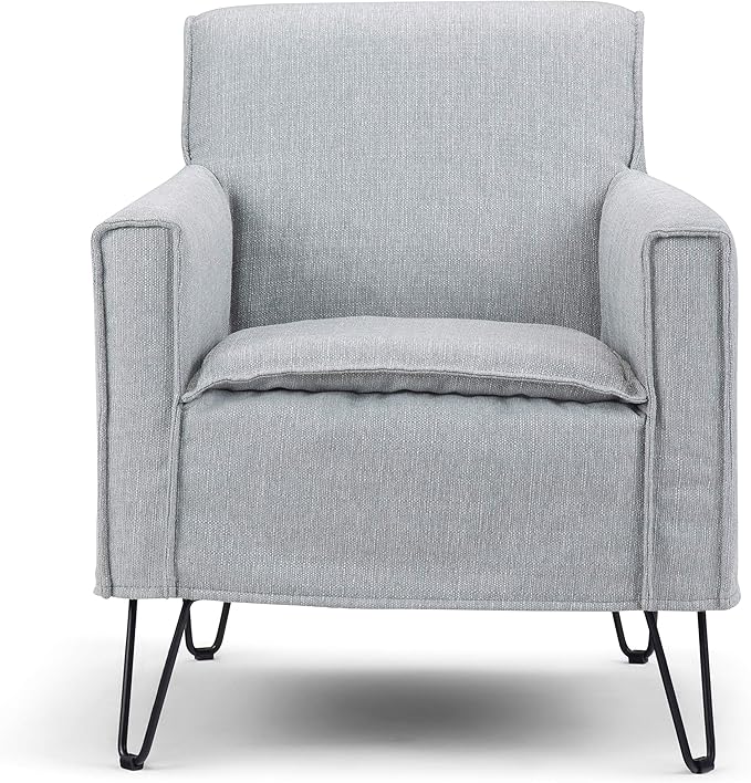 SIMPLIHOME Warren 28 inch Wide Mid Century Modern Accent Chair in Woven Fabric in Cool Grey with Removable Slip Cover Metal Hairpin Legs Simple Assembly Just Attach Legs