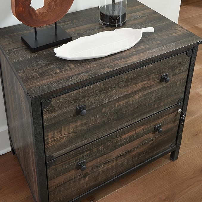 Lateral File Cabinet with Lock 2 Drawer Small Storage Cabinet Organizer Engineered Wood Filing Cabinets for Home Office Under Desk Locking DrawersBrown