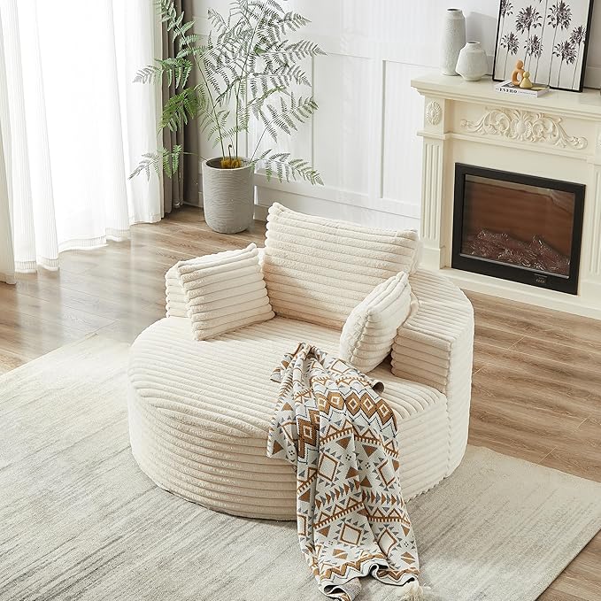 55 White Oversized Round Boneless Couch Sofa Corduroy Memory Foam Cloud Couches Lounge Chair Comfy Fluffy Single Sofa with 3 Pillows for Living Room Bedroom No Assembly Required (White)