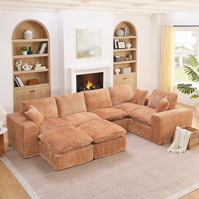 L-Shaped Boneless Modular Sectional Cloud Couches 7 Seat Modular Boucle Floor Foam Boneless Sofa Couch with Ottomans Headrest Pillows and Removable Cushions