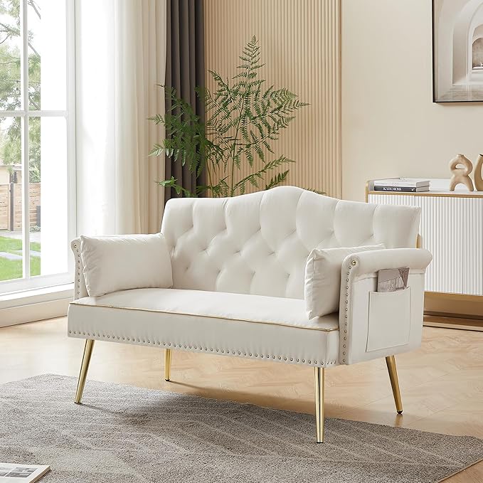 KEIKI 55 Velvet Loveseats Sleeper Sofa with 2 Arm Pocket and 4 Solid Metal Legs Modern Style 2-Seater Couch with Tufted Back and Seat Easy Assembly for Apartment Living Room and Bedroom White