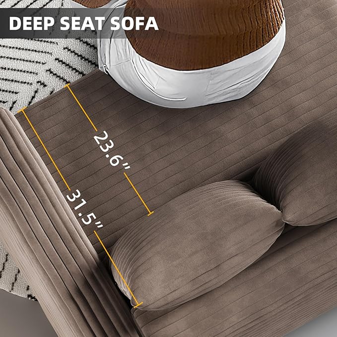 Ball &amp Cast 102.4 Plush Corduroy 4 Seater Sofa with Movable OttomanDeep Seat L Shaped Cloud Couches with Soft PillowsComfy Convertible Sectional Couch Lounge Chair for Living RoomOfficeCamel