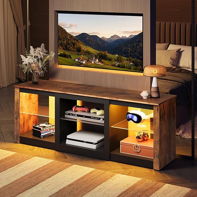 WLIVE Modern LED TV Stand for 65 70 Inch TV 58 Entertainment Center with Adjustable Glass Shelves &amp RGB Lights Wood Media Console Table for Living Room Bedroom Gaming Room Rustic Brown