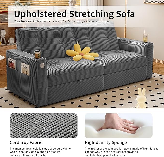 73 Queen Size Sofa Bed Loveseat Sleeper Sofa with Pull Out Bed Pockets and USB Modern 2 Seater Convertible Small Couch for Living Room Bedroom Apartment (Gray Corduroy)
