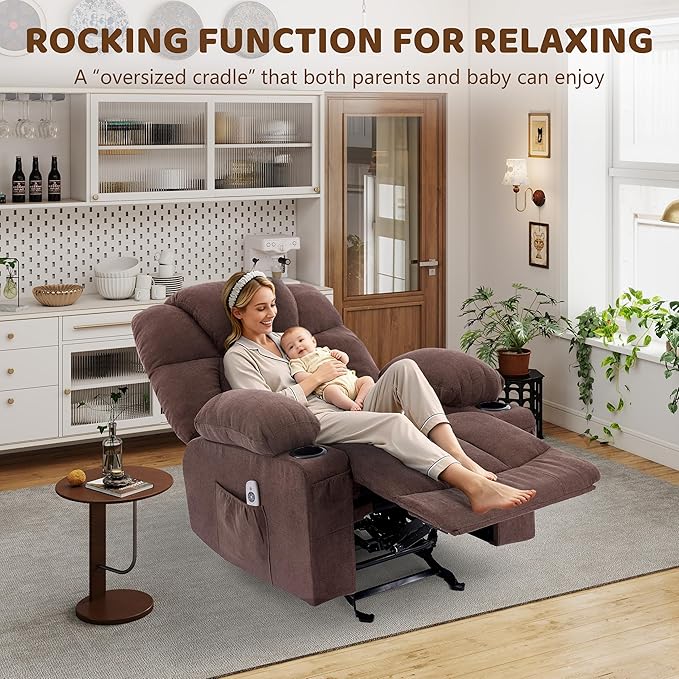 Massage Rocker Recliner Chair Ergonomic Rocking Recliner Sofa with Vibration Massage &amp Heat Reclining Fabric Nursery Chair for Living Room Lounge with 4 Pockets 2 Cup Holders Brown