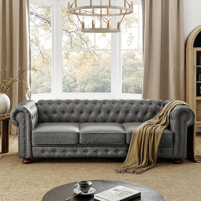 88.5 Upholstered Chesterfield Couch Modern 3 Seater Sofa with Tufted Back and Scrolled Arms Wood Leg Nailhead Sofa for Living Room Office Apartment Small Space Linen Upholstered Dark Gray