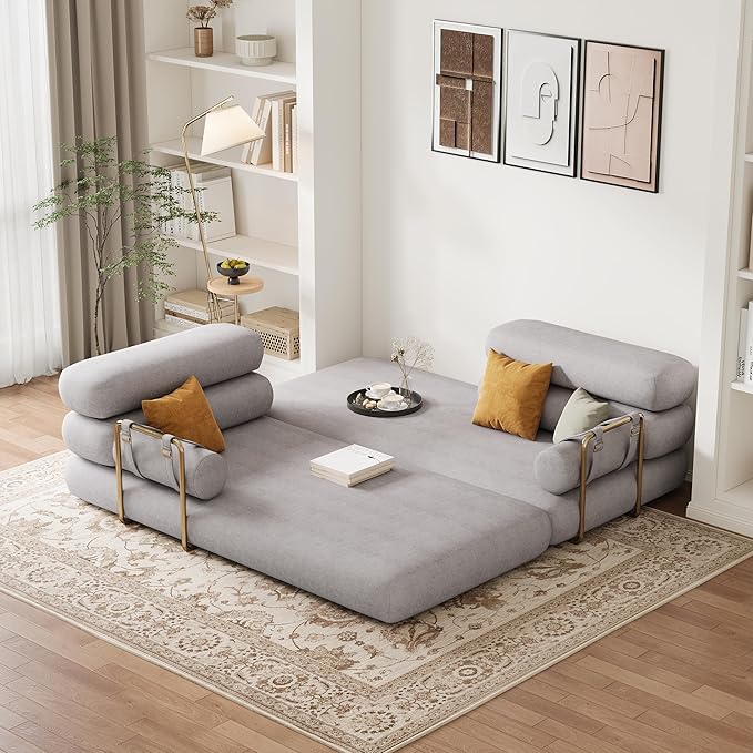 homary Velvet Futon Sofa Bed 81 3-Seater Convertible Couch with Detachable Pillows Stainless Steel Legs Modern Sleeper Sofa for Living Room &amp Apartment (Light Gray)