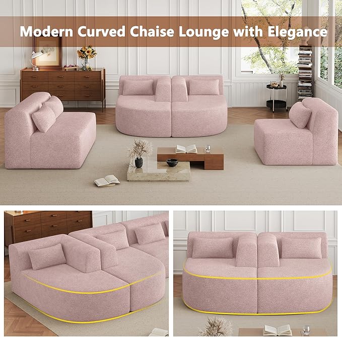 Modern 143.7 Upholstered Sectional SofaFree-Combined Sofa Couch with Two Chaise Lounge and Five Back Pillowsfor Living Room Bedroom (Pink#4)