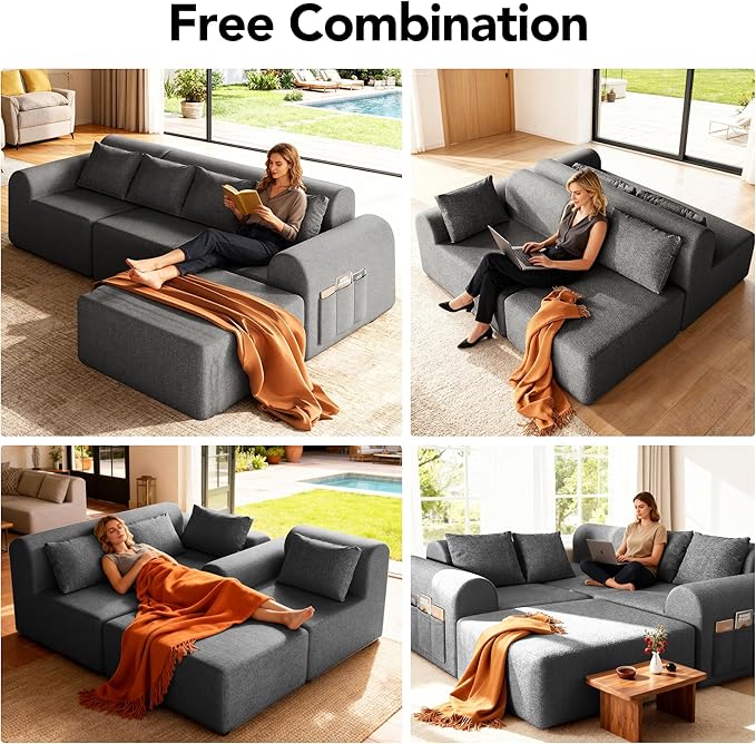 Rengue 105.5 Cloud Boneless Sectional Sofa for Living Room 4-Seater L-Shaped Comfy Couch with Ottoman 4 Pillows Deep Seat Chenille Sofa No Assembly Required (Dark Grey) 72h to Restore