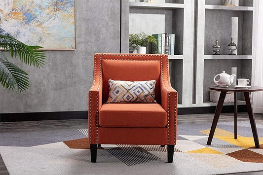 Accent Armchair Living Room Chair with Nailheads and Solid Wood Legs Orange Linen