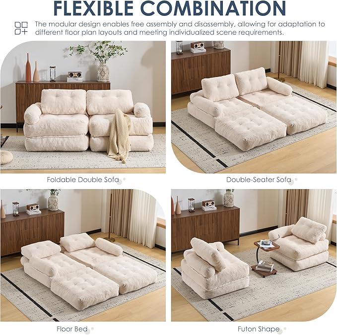 Folding Sofa Bed with ArmrestConvertible Sleeper Chair for Adults Folding Sofa Bed Foam Filling Couch with PillowSleeper Chairs Single Size Floor MattressWhite