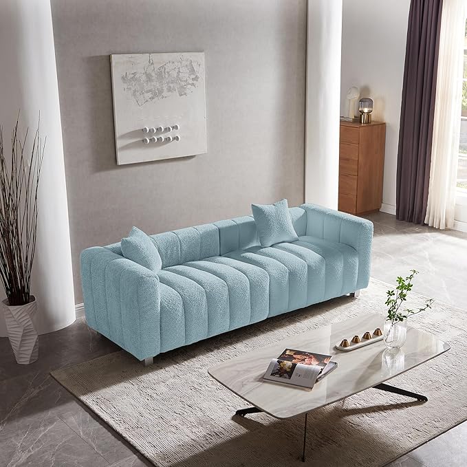 87.4'' Modern 3-Seater Sofa Bubble Couch for Living Room Premium Teddy Velvet Deep Seat Sofa Couch Fluffy Loveseat Sofa with 6 Metal Base Legs for BedroomHome/Office (Blue)