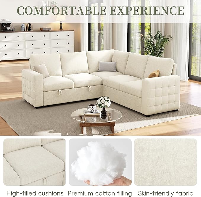 86 Sectional Sleeper Sofa Bed Sleeper Couch with Pull out Bed L Shaped Couch with Storage Modular Sectional Sofa Sectional Couches for Living Room&ampApartment Convertible Sofas Beige Couches