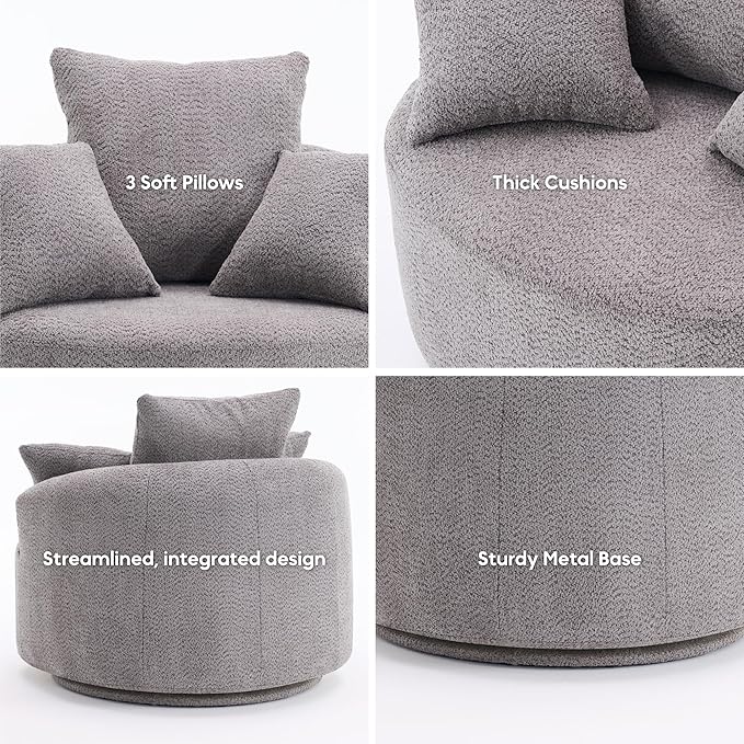 Yoglad 38.58'' Swivel Round Chair Comfy Boucle 360° Accent Chair with Thick Cushion Oversized Modern Single Sofa with 3 Pillows Soft Armchair for Nursery Living Room Bedroom Office (Grey)