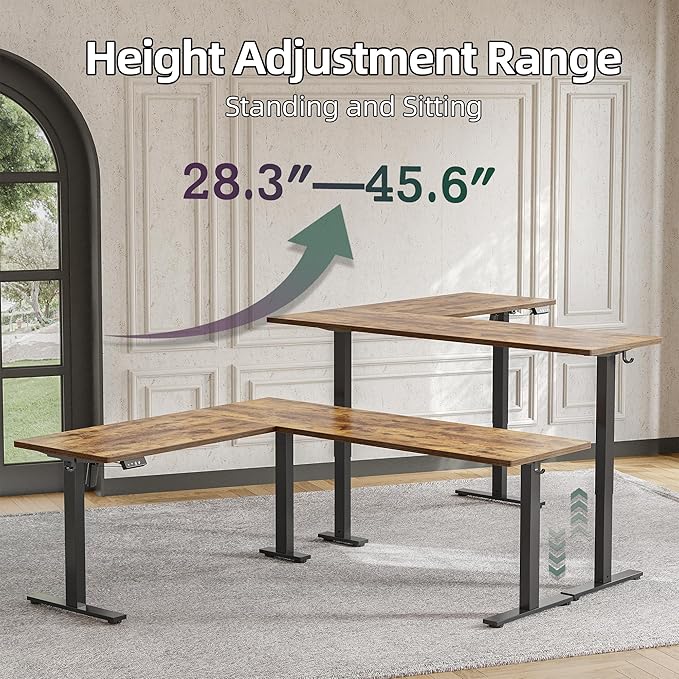 TIQLAB 75 x 61 inch L Shaped Standing Desk Adjustable Height Electric Corner Standing Desk Sit Stand Computer Table with Splice Board Rustic Brown