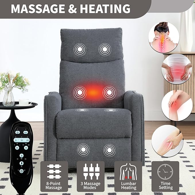 PELUMY 360 Swivel Rocking Recliner Chair for Adults Nursery Rocking Chair with Heat and Massage Glider Reclining Chair for Small Space Living Room Bedroom (Dark Grey)