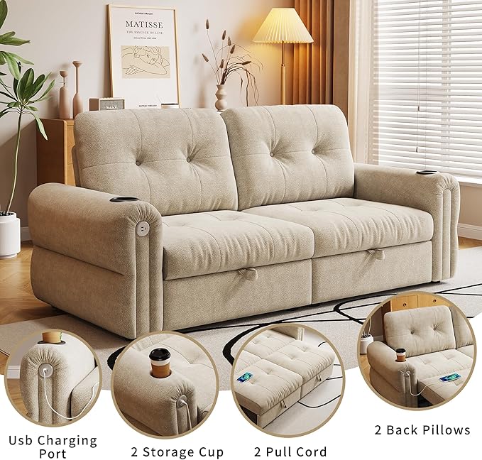 77 Pull Out Sofa Bed Velvet Convertible Sleeper Couch Loveseat Chaise Lounge with Cup Holder and USB Pullout Futon Sofa Bed for Living Room Bedroom Small Spaces RV (Beige-)
