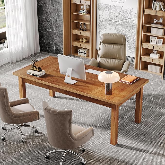 Tribesigns 70 Inch Large Computer Desk Farmhouse Office Desk Writing Study Desk with Solid Wood Leg's Executive Desk with Thickened Frame and Board