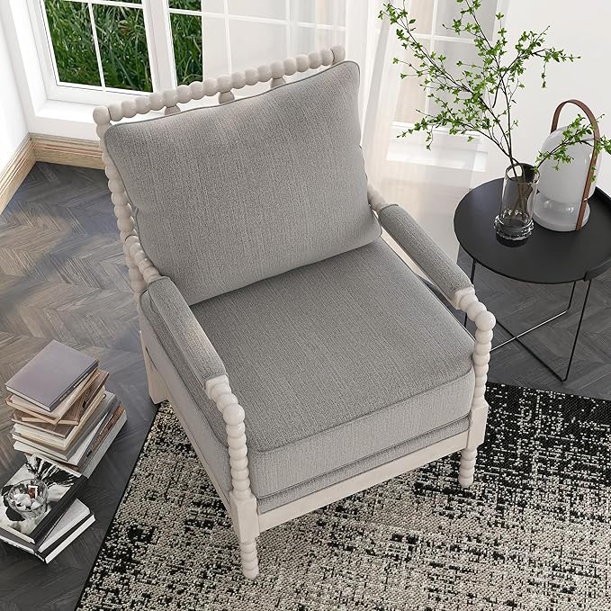 24/7 Shop at Home Antanette Farmhouse Fabric Upholstered Accent Chair with Removable Cushion for Living Room Bedroom Home Office Antique White and Gray