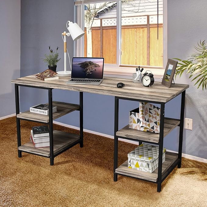 Generic 59 Inches Computer Desk Trestle Desk with Both Side 2 Tier Shelves Modern Simple Style Study Work Game Desk Workstation Home Office Table Rustic Wood Desk Retro Gray