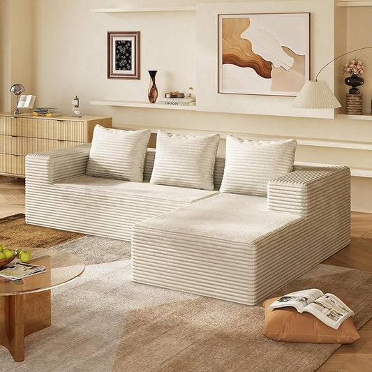 WLIVE 104'' Cloud Sectional Couches for Living Room Modular Boneless Couch with Left Facing Chaise L Shape Memory Foam Corduroy with Cushion Beige