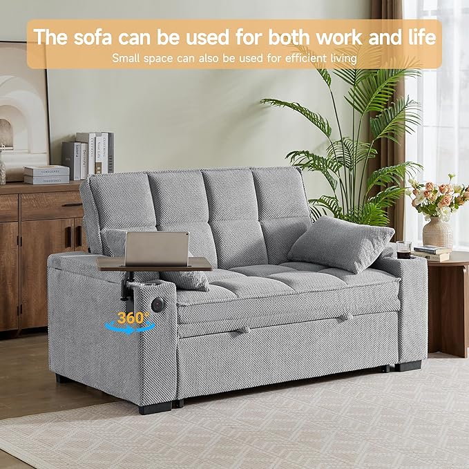 65'' Chaise Lounge Chair Indoor 3-in-1 Convertible Sofa Bed with Pull-Out Design 360° Swivel Side Table Modern Granular Velvet Couch Bed for Living Room Small Space &amp Apartment-Friendly
