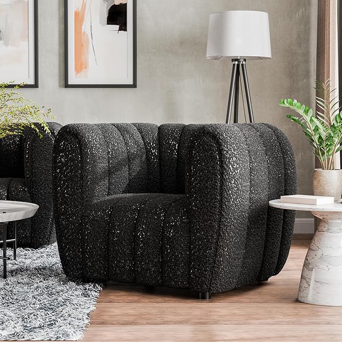 Furniture of America Glamour Contemporary Vertical Channel Tufted Boucle Accent Chair with Wooden Legs Fabric Upholstered Armchair for Living Room Bedroom Office Black