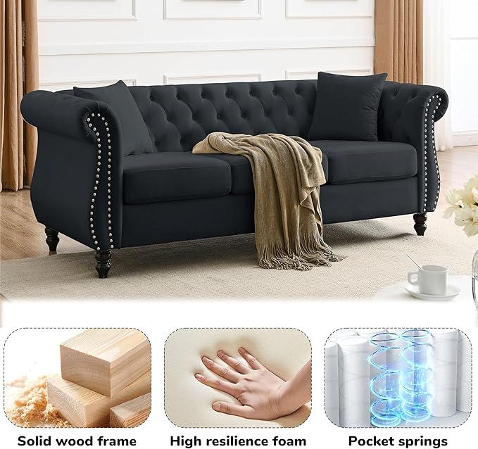 2 Piece Modern Black Velvet 80 3-Seater and 59 Loveseat Sofa Sets Chesterfield Tufted Combination Couch with 4 Pillows 8 Rolled Nailhead Arms Sofa for Living Room