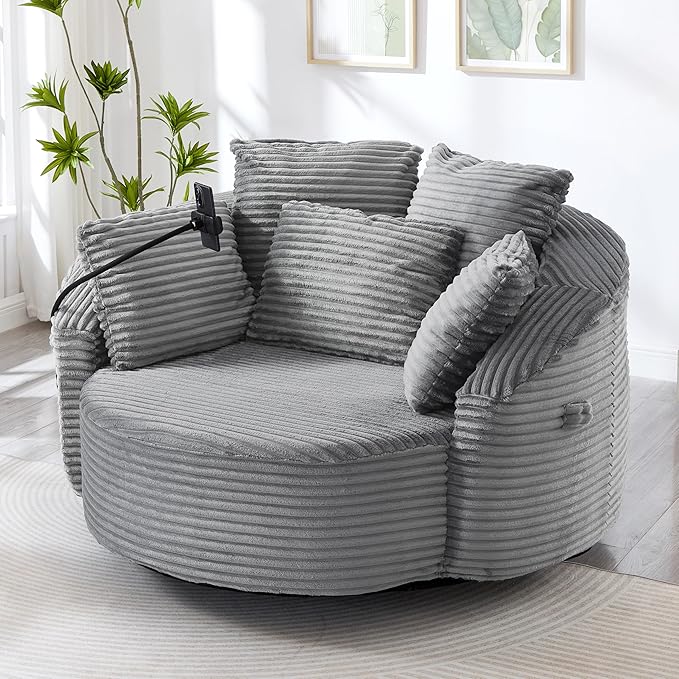 360° Swivel Accent Chair with 5 Throw Pillows Adjustable Phone Holder Corduroy Fabric Round Sofa Chair Barrel Chair with Semi-Wraparound Design for Living Room Office and Hotel (Gray1)