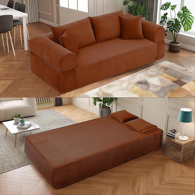 83 Modern Sofa in a Box No Assembly Oversized 3 Seater 28 Deep Seat Cloud Sofa Bed Couch with 4 Furry Pillows &amp Corduroy Fabric Boneless Couch with Side Storage Pockets for Living Room Orange