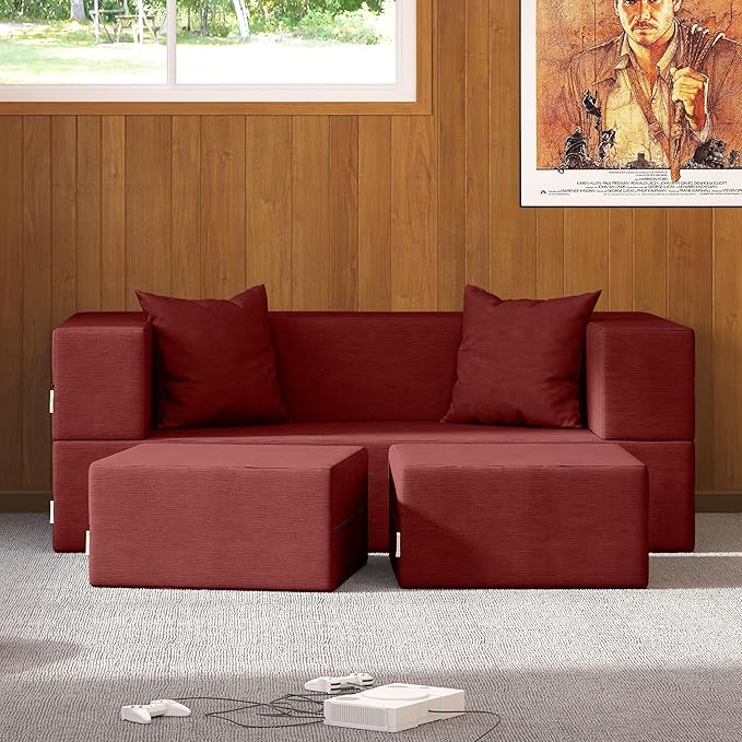 Jaxx Zipline Convertible Sleeper Loveseat &amp Ottomans Textured Microvelvet - Berry Red
