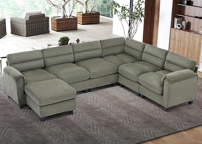 CANMOV Modular Sectional Couches with Ottoman Convertible U Shaped Sofa Couch 7 Seat Sofa with Chaise for Living RoomCorduroy Couch Green