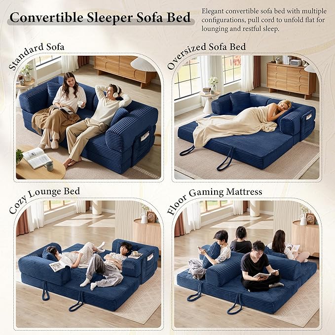 Boneless Couch Folding Couches for Living Room Sofa Futon Sofa Bed with Sleeper Sofa Futon Couch with Fixed-Shape Oversized Corduroy Upholstered (Blue 81 Inches)