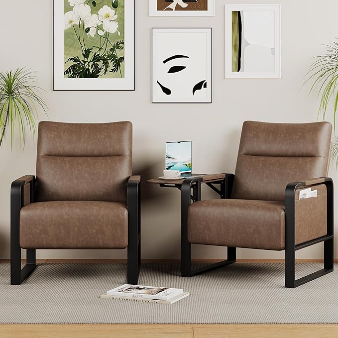 Upholstered Living Room Chair Armchair Mid Century Faux Leather Metal Accent Chair Reception Couch Office Guest Chair Slipper Club Lounge Single Sofa with Sidetable for Bedroom-Brown