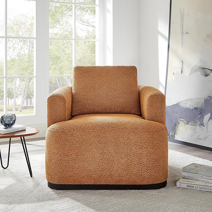 Oversized Living Room Chair Modern Comfy Boucle Accent Chairs with Throw Pillow Upholstered Armchair for Bedroom Office Waiting Room Fully Assembled (Curry)