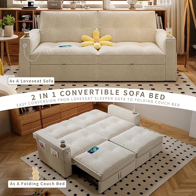 healthomse 73.2 Convertible Sofa Bed 2-in-1 Multi-Functional Loveseat Sleeper Modern Corduroy Couch with Side Pocket for Living Rooms Bedrooms Apartments Small Spaces (Beige 73.2inch)