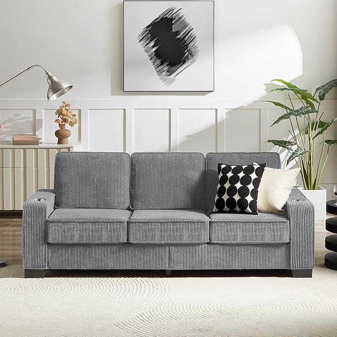 Aoowow 83.86” Modern 3-Seater Sofa Couch Upholstered Corduroy Fabric Couches Comfy Sofas with 2 Cup Holders for Living Room Apartment OfficeGrey-Corduroy