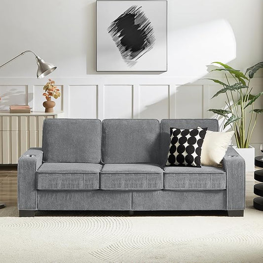 Aoowow 83.86” Modern 3-Seater Sofa Couch Upholstered Corduroy Fabric Couches Comfy Sofas with 2 Cup Holders for Living Room Apartment OfficeGrey-Corduroy