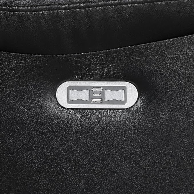 Lexicon Wall Hugger Power Double Reclining Loveseat with Console Faux Leather Home Theater Seating with LED Lighting Charging Ports Bluetooth Speaker Wireless Cup Holders Hidden Storage Black