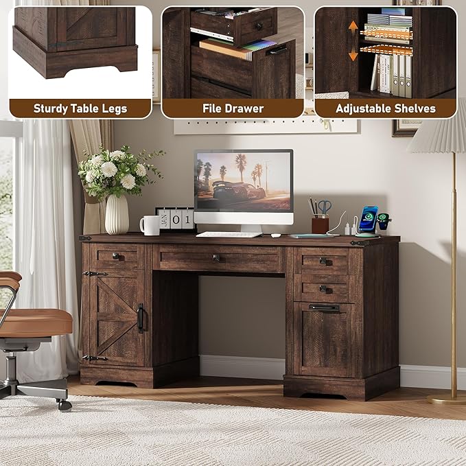 58'' Farmhouse Home Office Desk with Drawers Wooden Executive Desk with Charging Station File Drawers and Storage Cabinet Computer Desk for Work Study and Writing Brown