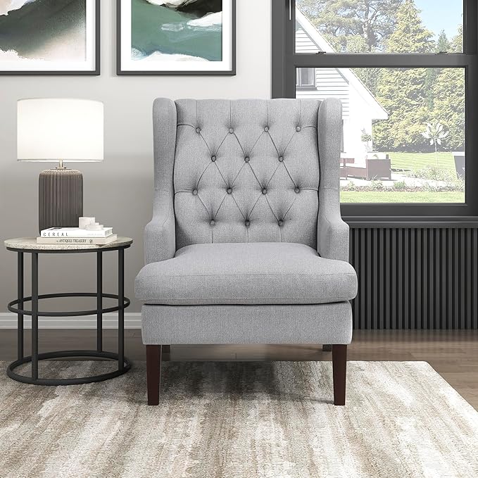 Lexicon Living Room Accent Chair Textured Fabric Upholstered Reading Chair Button-Tufted High Wingback for Living Room/Bedroom/Office Gray