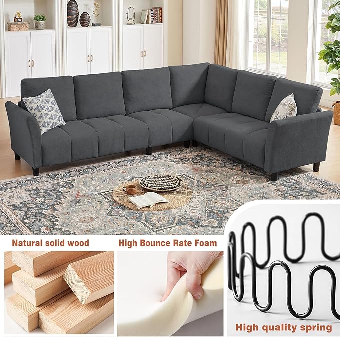 Modular Sectional Sofa Couch Modern Linen L Shaped Couch Chaises 6-Seater Convertible Sofa for Living Room Apartment Dark Grey