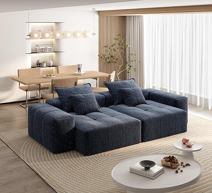 113'' Cloud Couch Modular Sectional Sofa Oversized Loveseat Compression Boneless Sofa with Deep Seat Chenille Sleeper Chaise Longue Minimalist Couches for Living Room Blue