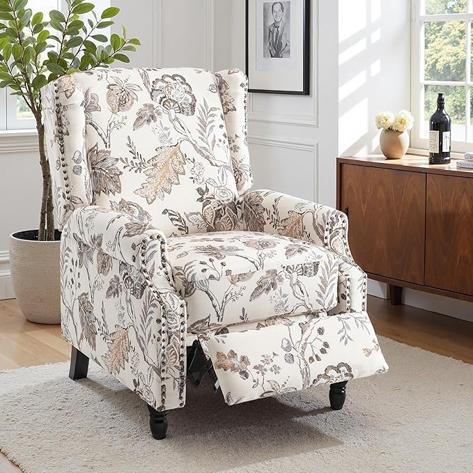 Wingback Recliner Chair Floral Fabric Pushback Recliner Chair Upholstered Armchair Push Back Recliner Rivet Trim Single Sofa Accent Chair with Wood Legs for Living Room Plants Beige