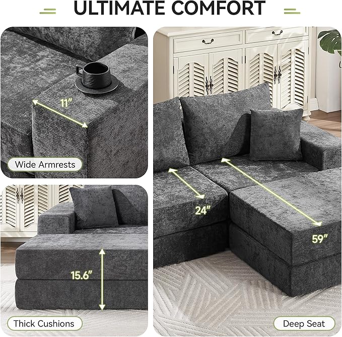 79 Boneless Cloud Loveseat Sofa Couch Modular Foldable Floor Sofa with Ottoman Chenille Lounge Convertible Sofa Bed for Living Room No Assembly Dark Grey