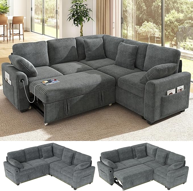 Ihanherry 83-inch 5-Seater Large Sectional Sofa Bed with Storage Corduroy Reversible Modular Sleeper Sofa with USB Port &amp 4 Pillows Convertible L-Shaped Couch for Living Room（Gray）